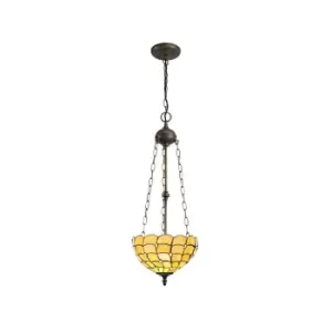 3 Light Uplighter Ceiling Pendant E27 With 30cm Tiffany Shade, Beige, Clear Crystal, Aged Antique Brass