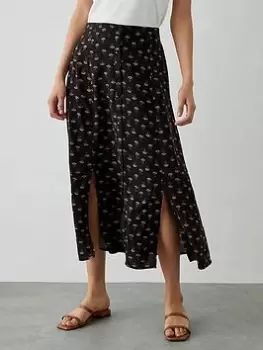 Dorothy Perkins Printed Button Through Midi Skirt - Black, Size 10, Women