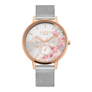 Lipsy Silver Mesh Strap Watch with Silver Floral Dial