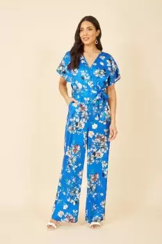 Blue Satin Floral Wrap Jumpsuit With Kimono Sleeve