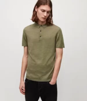 AllSaints Mens Mode Merino Short Sleeve Polo Shirt, Moss Green Marl, Size: L