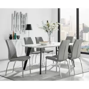 Andria Black Leg Marble Effect Dining Table and 6 Grey Isco Chairs - Elephant Grey