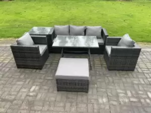 6 Seater Wicker Rattan Outdoor Furniture Garden Dining Set with Sofa Oblong Dining Table 2 Armchairs Stool