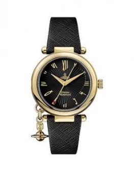 Vivienne Westwood Vivienne Westwood Orb Heart Black And Gold Detail Charm Dial Black Leather Strap Ladies Watch