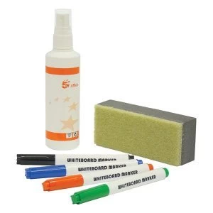 5 Star Office Drywipe Starter Kit of Drywipe Eraser and 125ml Cleaner and 4 Whiteboard Markers Assorted
