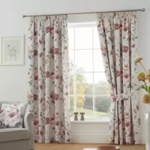 Charity Floral Print 100% Cotton Lined Pencil Pleat Curtains, Coral, 46 x 54" - Dreams&drapes