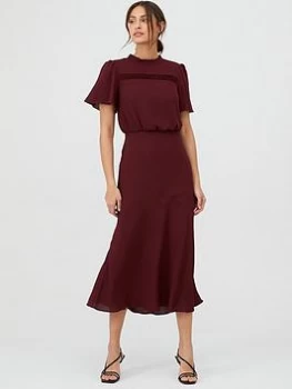 Oasis Pintuck Bias Cut Short Sleeve Midi Dress - Burgundy, Size 8, Women