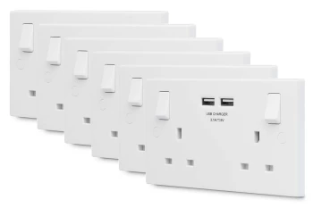 British General 13A 2 Gang Switched Socket with 2x USB-A 3.1A - White. Pack of 6