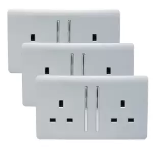 Trendi Switch 2 Gang 13 amp long switched Plug Socket in Screwless Silver (3 Pack)