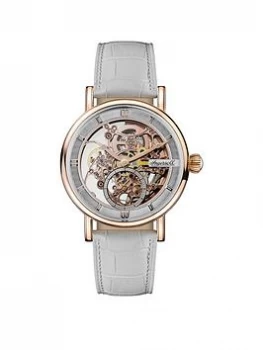 Ingersoll 1892 The Herald White And Rose Gold Skeleton Dial White Leather Strap Ladies Watch