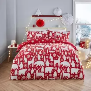 Fusion Christmas Arctic Animals Reversible 100% Cotton Duvet Cover Set, Red, Double