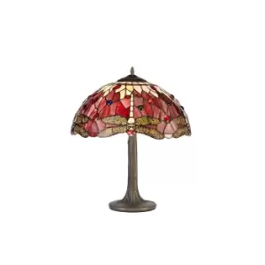 2 Light Tree Like Table Lamp E27 With 40cm Tiffany Shade, Purple, Pink, Crystal, Aged Antique Brass