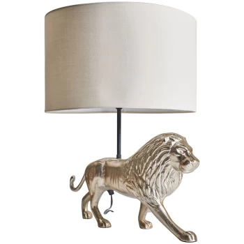 Brass Lion Design Table Lamp with Fabric Lampshade - Beige