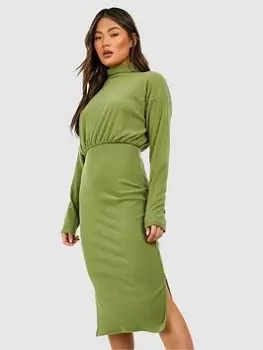 Boohoo Soft Rib Roll Neck Midi Dress - Khaki, Green, Size 10, Women