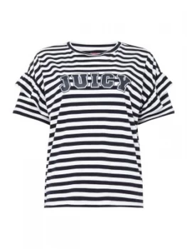 Juicy by Juicy Couture Short Sleeve Striped Logo Ruffle Sleeve T Shirt White Blue