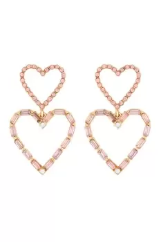 Rose Gold Pink Baguette Double Heart Drop Earrings