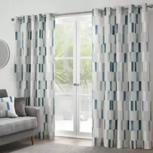 Fusion Oakland Contemporary Print 100% Cotton Eyelet Lined Curtains, Teal, 66 x 72 Inch