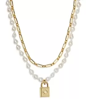 kate spade new york Lock And Spade Padlock Charm Paperclip Link & Freshwater Pearl Layered Pendant Necklace in Gold Tone, 17-20