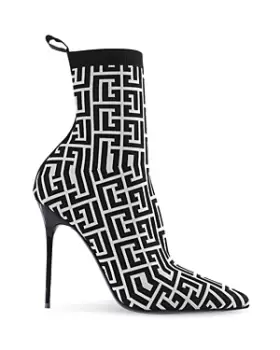 Balmain Womens Pointed Toe Logo Knit High Heel Ankle Booties