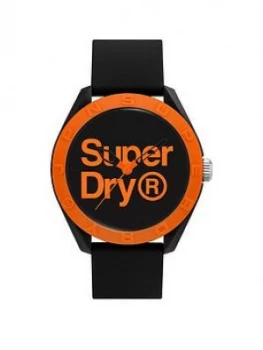 Superdry Black with orange Printed Logo Dial With Black Silicone Strap, One Colour, Men