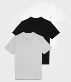 AllSaints Mens Cotton Slim Fit Pack of 3 Tonic Crew T-Shirts, White, Black and Grey, Size: S
