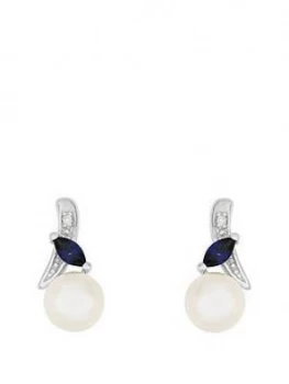Love PEARL 9ct White Gold Diamond Set Freshwater Pearl and Created Sapphire Earrings, One Colour, Women
