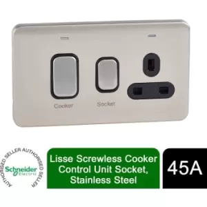 Schneider Electric Lisse Screwless Deco - Switched Cooker Control Unit with Single Power Socket, Double Pole, Neon Indicator, 45A, GGBL4001BSS, Stainl