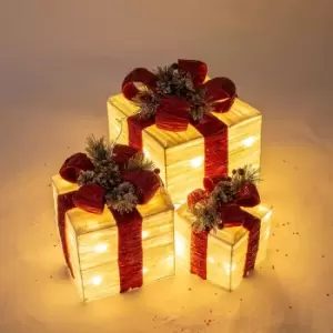 Christmas Workshop Set of 3 LED Light Up Xmas Gift Boxes with Red Bows - Warm White