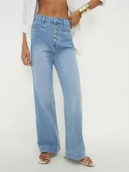 Dorothy Perkins Wide Leg Button Jeans - Light Wash, Blue, Size 12, Women