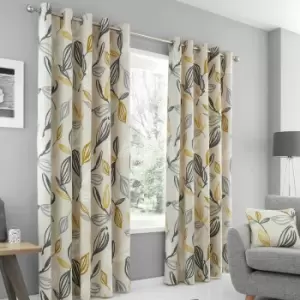 Fusion Ensley Botanical Print 100% Cotton Eyelet Lined Curtains, Ochre, 66 x 90 Inch