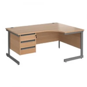 Right Hand Ergonomic Desk with 3 Lockable Drawers Pedestal and Beech Coloured MFC Top with Graphite Frame Cantilever Legs Contract 25 1600 x 1200 x 72