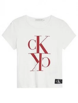 Calvin Klein Jeans Girls Monogram Cropped Short Sleeve T-Shirt - White, Size Age: 14 Years, Women