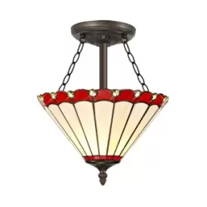 3 Light Semi Flush Ceiling E27 With 30cm Tiffany Shade, Red, Crystal, Aged Antique Brass - Luminosa Lighting