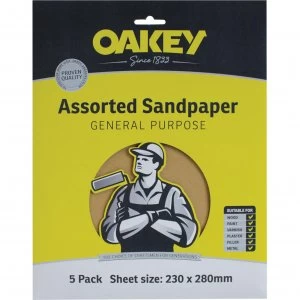 Oakey Glasspaper Sandpaper Assorted Grit Pack of 5
