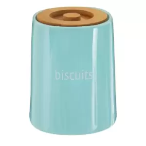 Biscuit Canister in Blue Ceramic with Bamboo Lid