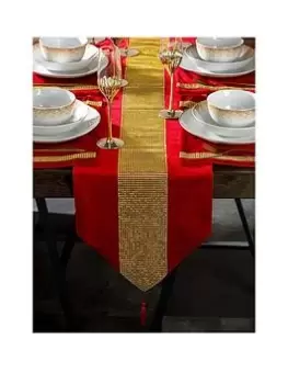 Waterside 7 Piece Velvet Diamante Red And Gold Christmas Runner And Placemats Set