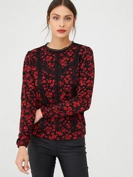 Oasis Ditsy Lace Trim Blouse - Red, Size XS, Women