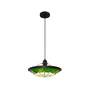 1 Light Ceiling Pendant E27 With 35cm Tiffany Shade, Green, Clear Crystal Centre, Aged Antique Brass Trim, Black - Luminosa Lighting