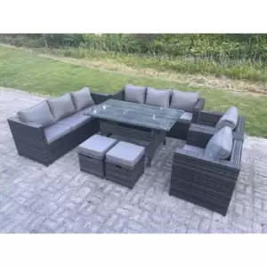 Fimous - Outdoor Lounge Sofa Garden Furniture Set Patio Rattan Rectangular Dining Table with 2 Armchair 2 Small Footstools 10 Seater Dark Grey Mixed