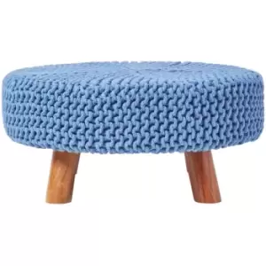 Blue Large Round Cotton Knitted Footstool on Legs - Blue - Homescapes