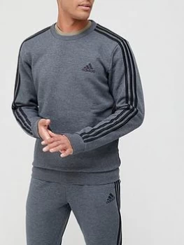 adidas 3 Stripe Fleece Sweat Top - Grey/Black, Grey/Black, Size L, Men