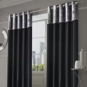 Sienna Crushed Velvet Band Curtains Pair Eyelet Faux Silk Fully Lined Ring Top Manhattan Black Silver 66" Wide X 90" Drop