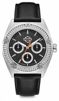 Harley Davidson Womens Crystal Set Black Dial Black Watch