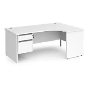 Dams International Right Hand Ergonomic Desk with 2 Lockable Drawers Pedestal and White MFC Top with Silver Panel Ends and Silver Frame Corner Post Le