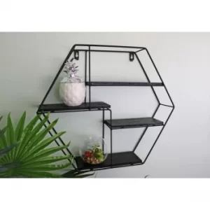 Hexagonal Wall Shelf in Black Metal with 4 Shelves