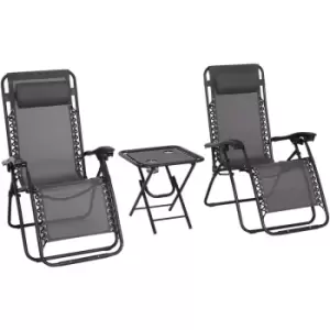 3PC Zero Gravity Chairs Sun Lounger Table Set W/ Cup Holders Dark Grey - Outsunny