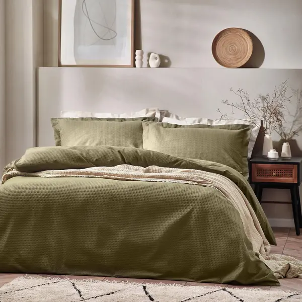 Waffle Textured 100% Cotton Duvet Cover Set Olive, Olive / Double