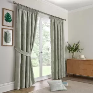 Bramford Floral Woven Jacquard Lined Pencil Pleat Curtains, Green, 90 x 72" - Curtina