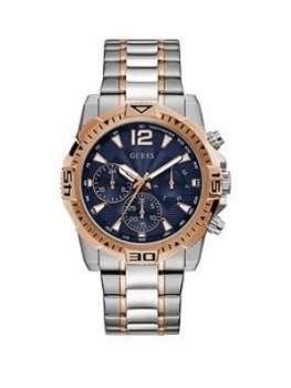 Guess Guess Commander Blue And Rose Gold Detail Chronograph Dial Two Tone Stainless Steel Bracelet Mens Watch