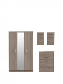 Swift Halton Part Assembled 4 Piece Package - 3 Door Mirrored Wardrobe, 5 Drawer Chest And 2 Bedside Chests